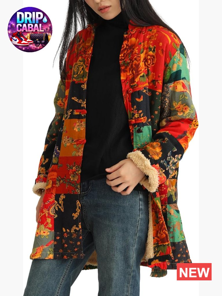 Boho Floral Patchwork Fleece-Lined Jacket, Warm Color-Blocked Plaid Winter Coat